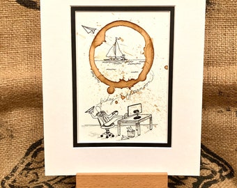 COFFEE Ring Stain Art Illustration "Friday Afternoon"  5x7 PRINT Vacation, Weekend, Retirement, Holiday, Recreation, Boating Sailing, Office