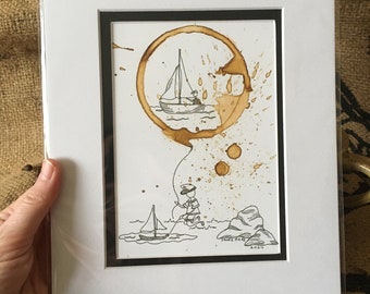 COFFEE cup stain Art Painting "Dreaming Big"  5x7 Giclée PRINT of original, Sailor, Sailboat, Boating, Child matted to 8x10
