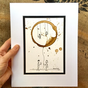 COFFEE cup stain Art Painting &quot;Lifetime of Memories&quot;  5x7 Giclee&#39; PRINT of Original Love, Heart, Family, Children, Couple matted to 8x10