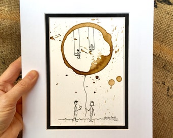 COFFEE cup stain Art Painting "Lifetime of Memories"  5x7 Giclee' PRINT of Original Love, Heart, Family, Children, Couple matted to 8x10