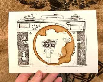 COFFEE Ring Stain Art Illustration "Capture the Moment"  5x7 PRINT Photographer, Photograph, Vintage Camera, Bird, 35mm film matted to 8x10