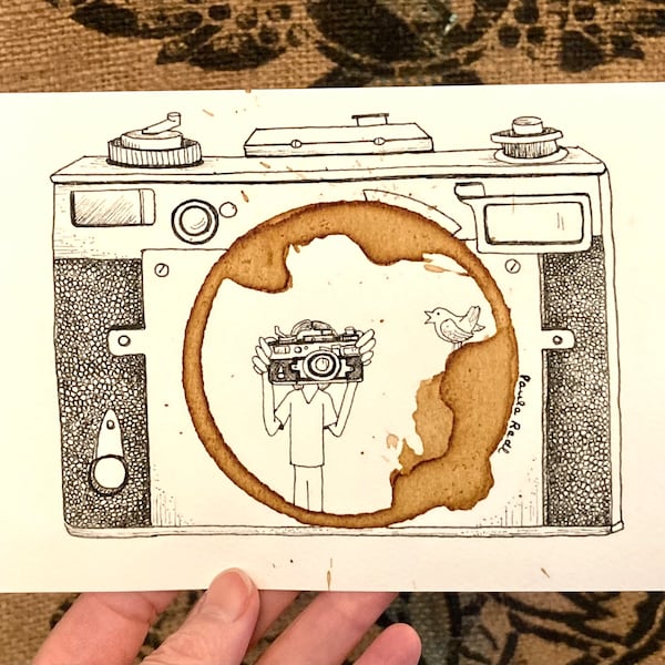 COFFEE Ring Stain Art Illustration "Capture the Moment"  5x7 PRINT Photographer, Photograph, Vintage Camera, Bird, 35mm film matted to 8x10