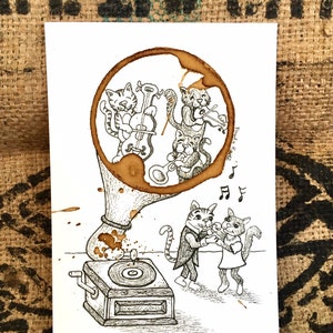 Kitchen Wall Decor COFFEE Art Painting Illustration &quot;Cats a Jammin&#39; &quot;  5x7 PRINT Phonograph-Gramophone- Cat Lover Gift matted to 8x10