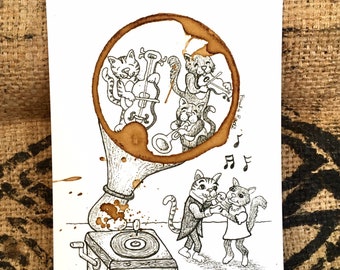 Kitchen Wall Decor COFFEE Art Painting Illustration "Cats a Jammin' "  5x7 PRINT Phonograph-Gramophone- Cat Lover Gift matted to 8x10