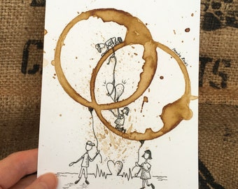 COFFEE ring stain "Heart Connection"  5x7  Giclee' PRINT paper of Original, Coffee Lover, Heart, Relationship, Heartbeat matted to 8x10