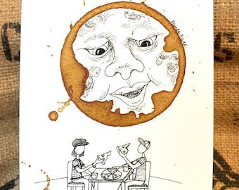 Kitchen Decor COFFEE Ring Stain Painting Art Illustration "That's Amore" Pizza Pie-Couple-Moon-Dining 5x7 PRINT matted to 8x10