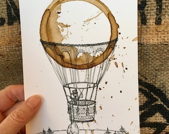 COFFEE cup Ring Stain Art Painting "View from Above"  5x7 Giclee PRINT of Original, Adventure, Hot Air Balloon matted to 8x10 by Paula Radl