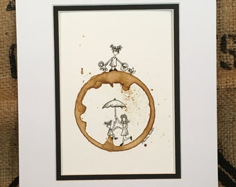 COFFEE cup Stain Ring Art "Nourish What Matters"  5x7 Giclee PRINT of original, Mother and Daughter, Gardening, Mothers Day gift matted 8x10