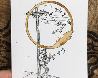 5x7 PRINT of original COFFEE ring stain Art Painting "A Song in the Air"  Music, Birds, Musician, Saxophone  matted to 8x10