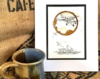 COFFEE Ring Stain Art Illustration Wall Art "Head in the Clouds"  5x7 PRINT Day Dreamer, Creative Mind, Airplane, Pilot matted to 8x10