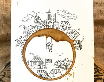 Coffee Ring Stain Art Illustration "The Simple Life"  5x7 PRINT City Life-Country Life -Rural-Urban, Homesteading, Gardening  matted to 8x10