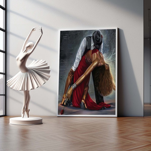 Dance Painting, Canvas Embracing Passionate Tango, Romantic Dance Wall Art, Sensual Couple Poster, Ready to Hang Home Decoration