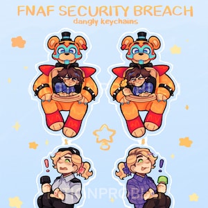 May include: Illustration of four dangly keychains featuring characters from FNAF Security Breach. Two keychains depict a bear with a child inside. The other two show a person holding a microphone and a green object. The keychains are on a light blue background.