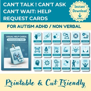 Puede incluir: Un conjunto de tarjetas de ayuda visual para el autismo, el TDAH y personas no verbales. Las tarjetas son de color azul claro con iconos y texto en blanco, incluyendo frases como "Necesito ayuda" y "No puedo hacerlo solo".