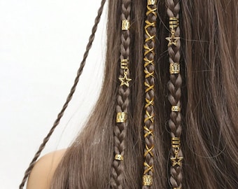 36pcs Star Decor Hair Ring Accessories, Beads Hair Braid Rings Clips Dread Locks Hair Braiding Metal Cuffs Decoration