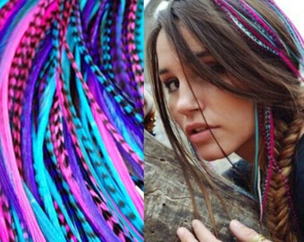 Colored Strands for Hair Feather Extension 50 Pieces I Tip Synthetic Hairpiece Fake Hair Zebra Line Feather Hair Extensions