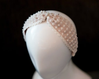 Pastel Lace Headband with Pearl details, Wide headpiece for party, Feminine style Hairband for events, gifts for women