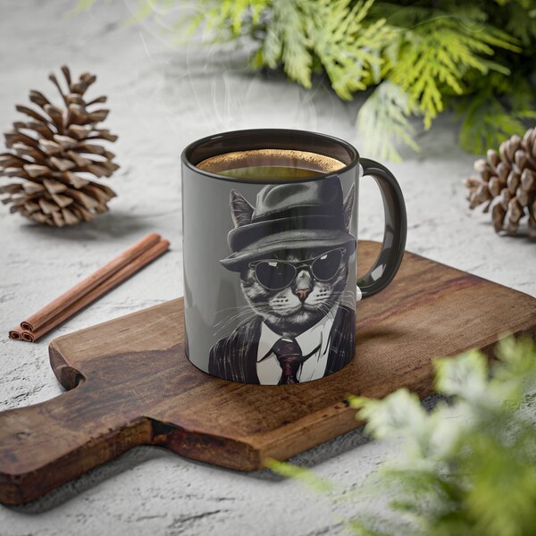 Gangster Cat Mug, Godfather, Gift For Best Friend, Funny Coffee Cup, Nice Mug, Cat Coffee Cup, Dressed Cat Mug, Black Mug, Cat Mafia Mug