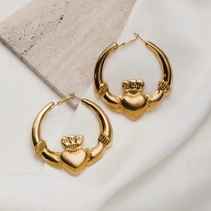 Chunky Gold Claddagh Hoops, Celtic Drop Women&#39;s Earrings, Heart Hands Crown Love Symbol, Irish Heritage Gift for Her, Big Hoop Earrings