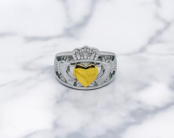 Two Tone Claddagh Ring, Unisex Celtic Irish Stainless Steel Jewelry, Gold Heart Silver Crown Hands Love Loyalty Friendship Band, Irish Gift