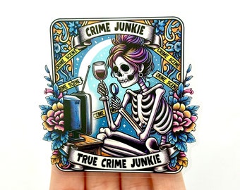 True Crime Junkie Skeleton Vinyl Sticker - Glossy Clear Sticker
