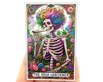 Pegatina de la carta del Tarot del Jardinero Superior: Pegatina de vinilo con cabeza de maceta de esqueleto