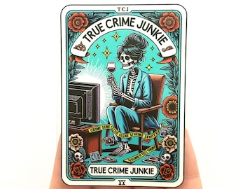 True Crime Junkie Tarot Card Skeleton Sticker - Glossy Vinyl
