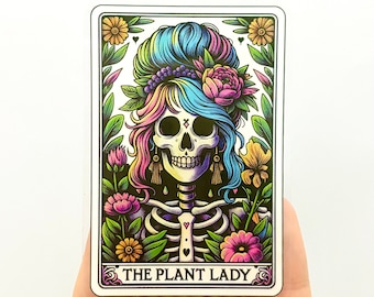 Pegatina de la carta del Tarot de la Dama de las Plantas: Calcomanía de vinilo de "Jardinero Esqueleto"