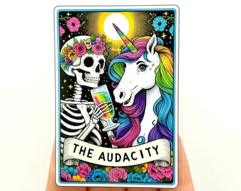 Pegatina de la carta del Tarot "La Audacia": Calcomanía sarcástica y divertida