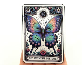 Antisocial Butterfly Tarot Card Vinyl Sticker - Sarcastic Colorful Sticker