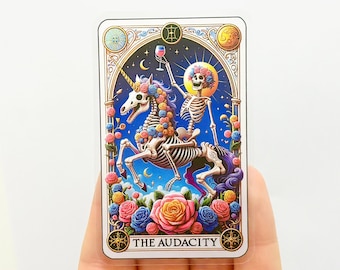 The Audacity Tarot Card Sticker: Sarcastic Skeleton, Glossy Vinyl