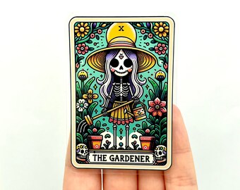 Pegatina de la carta del Tarot del Jardinero: Vinilo de jardinería con esqueleto