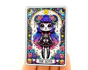 Pegatina de tarot gótico: Chica esqueleto, vinilo brillante