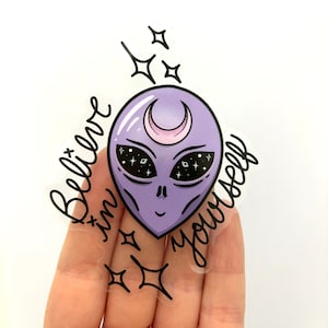 Naklejka „Uwierz w siebie”: Zabawna naklejka z kosmicznym UFO