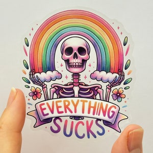 Alles Sucks Skeleton Sticker: Sarkastischer Regenbogen Vinyl Sticker