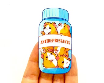 Söta antidepressiva husdjursklistermärken kawaii djur i pillerflaska tecknad mental hälsa medvetenhet ångest serotoninbooster