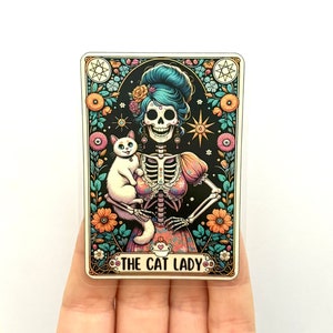 La dame chat Stickers cartes de tarot drôles Squelette sarcastique Stickers vinyles rigolos Stickers chats Stickers tête de mort tendance
