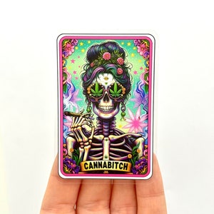 Cannabitch Tarot Card stickers Water Bottle Decal Funny 420 Cannabis vinyl stickers Woman Skeleton Colourful Witchy Weed Pot Smoker stickers