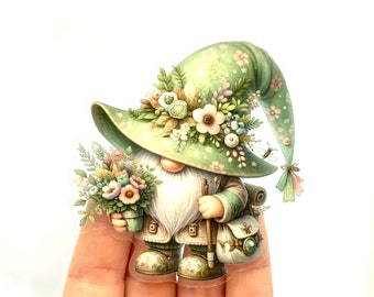 Green Gnome sticker Garden Gnome With Flowers vinyl stickers Woodland Gnome sticker Spring Gnomes stickers
