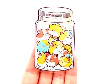 Söta serotoninhusdjursklistermärken Kawaii djur i pillerflaska Tecknad film Mental hälsa Medvetenhet Ångest Serotonin Booster