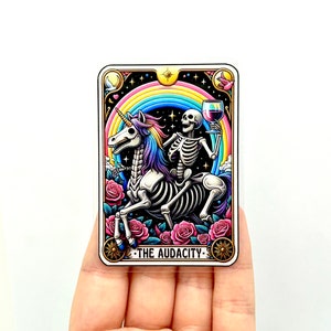 De Audacity Funny Tarot Card sticker Sarcastische skelet vinylstickers Coole populaire trendy kleurrijke stickers