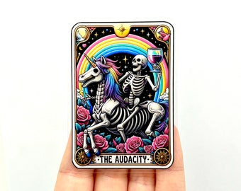 Pegatina de la carta del Tarot Audacity: Esqueleto sarcástico, vinilo colorido