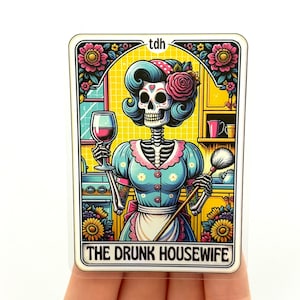 Adesivo de cartas de tarô para esposa de casa bêbada, esqueleto sarcástico, adesivos de vinil, legais, populares, modernos, coloridos