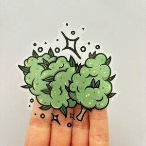 Pu&ograve; includere: Un germoglio di marijuana verde di cartone animato con punti bianchi e un contorno nero. Il germoglio &egrave; circondato da piccoli cerchi bianchi e stelle.