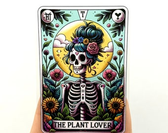 Pegatina de la carta del Tarot del esqueleto del amante de las plantas - Vinilo brillante