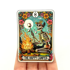 The Happy Camper Funny Tarot Card pegatina Sarcastic Skeleton Divertidas pegatinas de vinilo Trendy Skull stickers