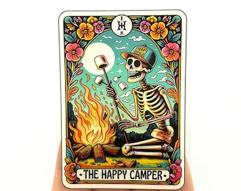 Happy Camper skelet tarotkaartsticker - grappige vinylsticker