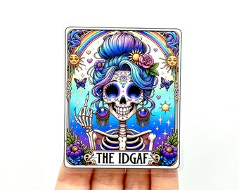 IDGAF Skelett Tarotkort Klistermärke: Glansigt Vinyldekal