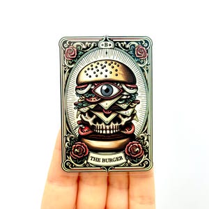 De burger Tarotkaartsticker Sarcastisch skelet vinylstickers voedselstickers Cool Populair Trendy Kleurrijke stickers