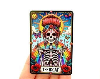 IDGAF Tarotkortskelettklistermärke: Glansigt vinyldekal